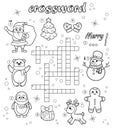 Crossword puzzle game of Christmas and New year theme. Black and white vector illustration for coloring book Royalty Free Stock Photo